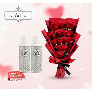 Sogha Elegant 15 Red Roses Bouquet And Atyab Al Sheek 2x125ml EDP For Unisex