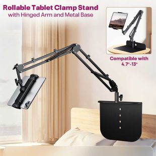 Rollable Tablet Clamp Stand with Hinged Arm and Metal Base