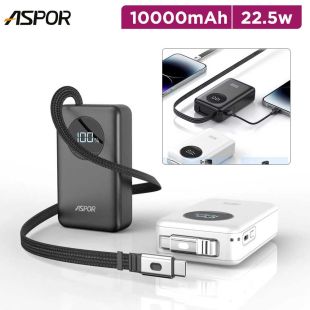 Aspor 10000mAh Power Bank with Built-in Retractable USB-C Cable 22.5W