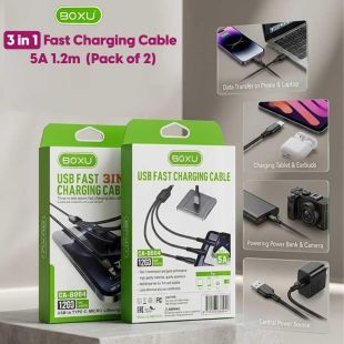 Boxu 3 in 1 Fast Charging Cable 5A 1.2m (Pack of 2) - Sheeel Kuwait Offers