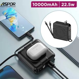 10000mAh 22.5W Power Bank with UK Wall Plug and Built-in Cables by Aspor