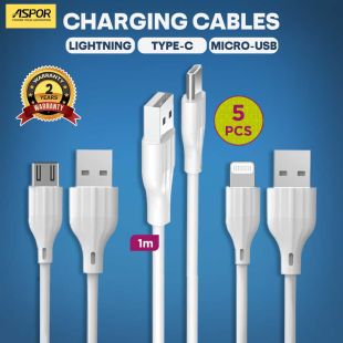 Set of 5 Charging Cables 3A 1m (Lightning or Type-C or Micro-USB) by Aspor