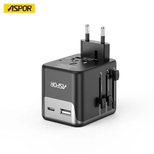 محول سفر عالمي سريع 2.4 أمبير منفذ USB-A و منفذ Type-c  من Aspor