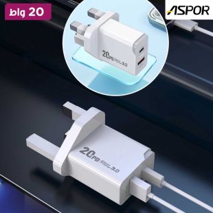 شاحن سريع ثنائي المنافذ بقوة 20 واط من Aspor