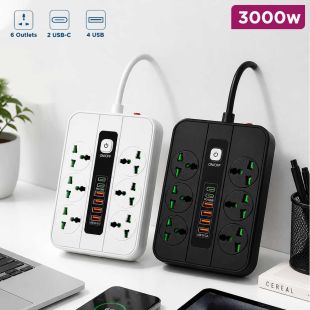 Multi-Port Power Strip 3000W with 6 UK Plugs, 4 USB Plugs, and 2 PD Fast Charging Ports
