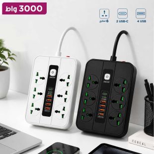إشتراك كهربائي متعدد المنافذ قوة 3000 واط 6 مقابس UK و4 مقابس USB ومنفذان PD للشحن السريع