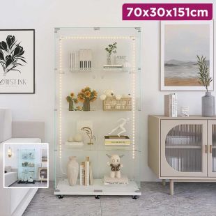 Multi-Shelf Glass Display Cabinet with Two Doors and Wheels 70 x 30 x 151cm