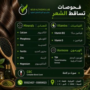 اطلب كود شيييل و احصل على الفحوصات تساقط الشعر من مختبر نور الثريا للتحاليل الطبية - لمعرفة سعر الخدمة يرجى التواصل مع المختبر