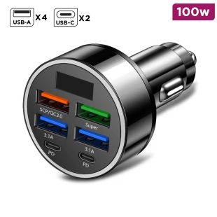 100W Car Charger with 4 USB-A and 2 USB-C Ports
