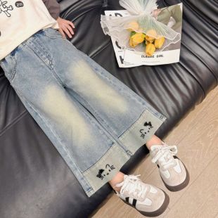 بنطلون جينز واسع مطرز للبنات