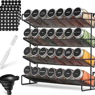 Four Layer Metal Spice Rack with 28 Glass Jars and Funnel