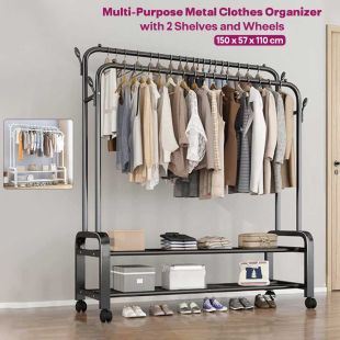 Multi-Purpose Metal Clothes Organizer with 2 Shelves and Wheels