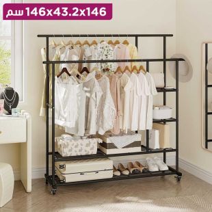ستاند ملابس متحرك مزدوج مع رفوف تخزين ورف أحذية وعجلات 146×43×146 سم