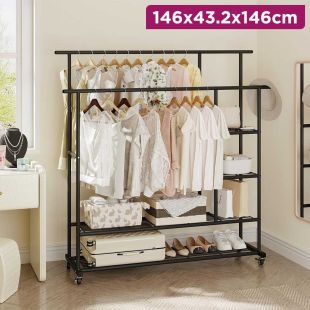Double Pole Rolling Clothes Rack with Storage Shelves Shoe Rack and Wheels 146×43.2×146 cm