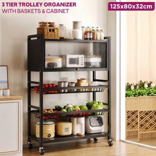 3 Tier Trolley Organizer with Baskets and Cabinet