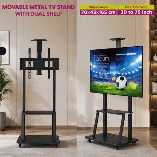 Movable Metal TV Stand up to 75 Inch with Dual Shelf