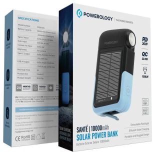 10000mAh Wireless Solar Power Bank with Type-C and USB-A Ports and Detachable Flashlight 20W by Powerology