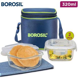 طقم علب غداء مربعة من زجاج البوروسيليكات 320 مل 2 حبة مع حقيبة من Borosil