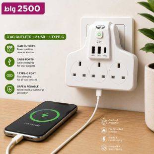 محول مقبس كهربائي 2500 واط مع 3 منافذ AC ومنفذين USB-A ومنفذ Type-C