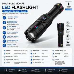 مصباح طوارئ LED متعدد الوظائف 2000 لومن مع مكبر صوت بلوتوث 5400 مل أمبير