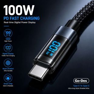 كابل USB-C إلى USB-C للشحن السريع PD قوة 100 واط ونقل البيانات مع شاشة رقمية طول 1.2 متر من Go-Des
