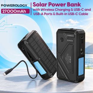 27000mAh Solar Power Bank with Wireless Charging and USB-C and USB-A Ports and Built-in USB-C Cable by Powerology
