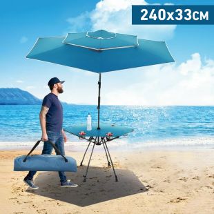 Outdoor Portable Beach Umbrella with Folding Table & 4 Cup Holders