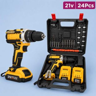 24-Piece Cordless Electric Drill Set with Dual 21V Batteries