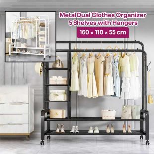 Metal Dual Clothes Organizer 5 Shelves with Hangers 160 x 110 x 55 cm