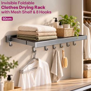 Invisible Foldable Clothes Drying Rack 60 cm with Mesh Shelf & 8 Hooks