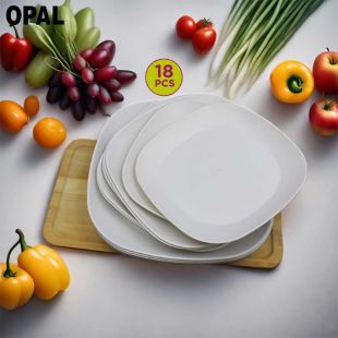 Opal Modern Rounded Square Glassware Dinner Dish Set 18 Pcs