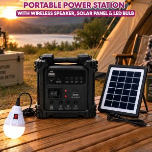 Portable Power Station with Wireless Speaker, Solar Panel and LED Bulb