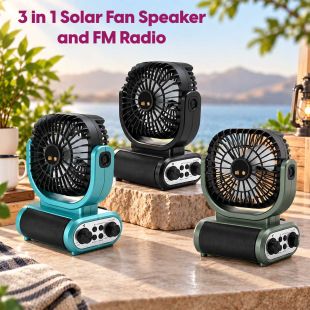 3 in 1 solar powered fan with speaker, Bluetooth, FM radio, and 1800mAh rechargeable battery - Sheeel Kuwait