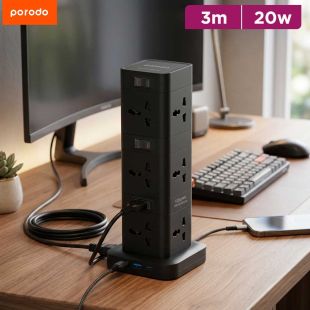 12-Socket Vertical Power Hub with 20W Fast Charging and 3m Cable by Porodo