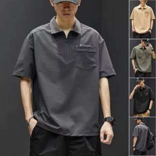 تيشيرت بولو فضفاض سادة بأكمام قصيرة من الحرير الجليدي للرجال