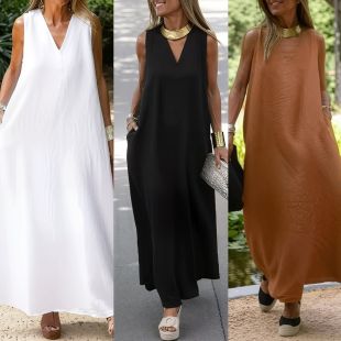 فستان كتان سادة بدون أكمام وياقة على شكل حرف V للسيدات