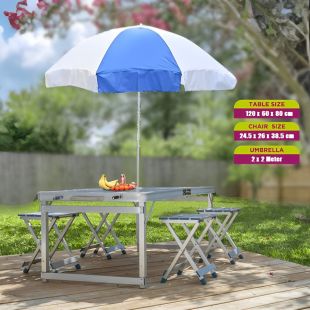 Portable Folding Aluminum Table with 4 Stools and Umbrella
