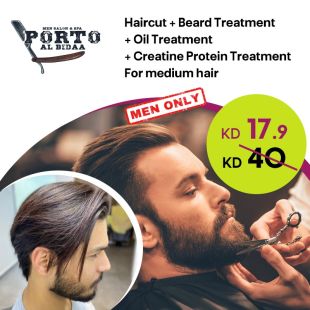 Haircut + Beard Treatment + Oil Treatment + Creatine Protein Treatment For Medium Hair from Porto Albidaa Spa And Salon