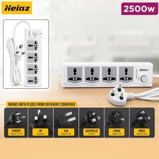 2500W Power Extension Board with 4 AC Outlets and Power Switch by Heinz
