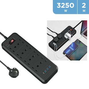 Power extension 2 Meters with 8 UK sockets and 3 USB Ports + 30W USB C Port