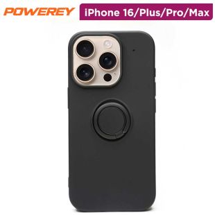 Powerey Liquid Silicone Phone Case Black With Ring Holder For iPhone 16