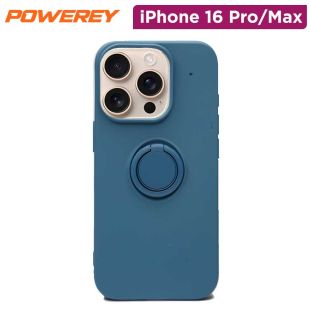 Powerey Liquid Silicone Phone Case Navy Blue With Ring Holder For iPhone 16
