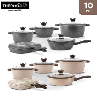 Thermo Ad Granite Cookware Set with Glass Lid 10 Pcs - Grey