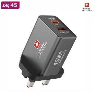 شاحن حائط GaN 45 واط مع منفذ USB-C ومنفذ USB-A من Swiss Military