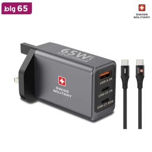 شاحن حائط GaN II 65 واط مع 2 منفذ USB-C ومنفذ USB-A وكيبل USB-C من Swiss Military