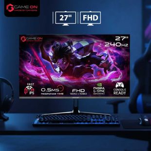 شاشة ألعاب مسطحة IPS سريعة قياس 27 بوصة 240 هرتز FHD وقت استجابة 0.5 مل ثانية ومنافذ HDMI 2.1 ثنائية تدعم PS5 من GameOn