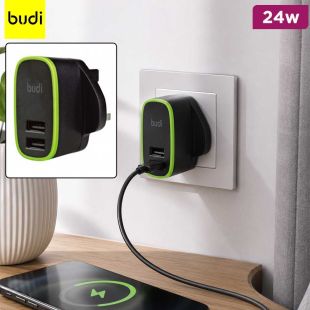24W Wall Charger with UK Plug 2 USB-A Ports and Type-C Cable by Budi