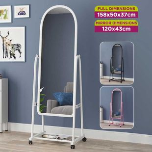 Full Length Free Standing Mirror with Wheels and Storage Shelf