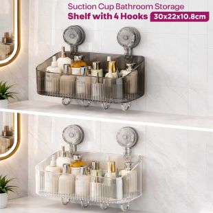 Suction Cup Bathroom Storage Shelf with 4 Hooks