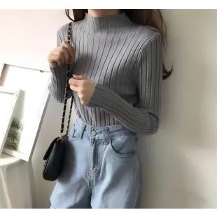 Ribbed Winter T-shirt With Half High Neck For Women